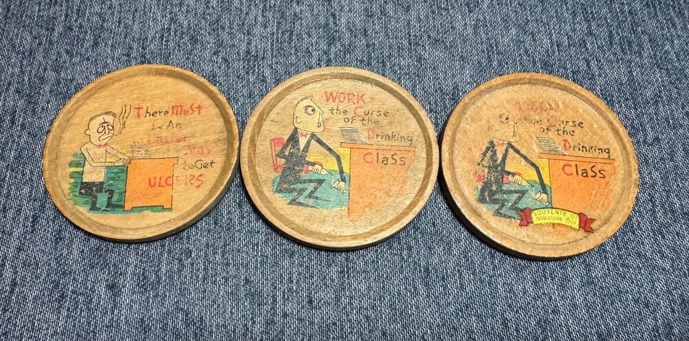 Vintage Set of 3 1950S Funny Sayings Wood Drink Coasters